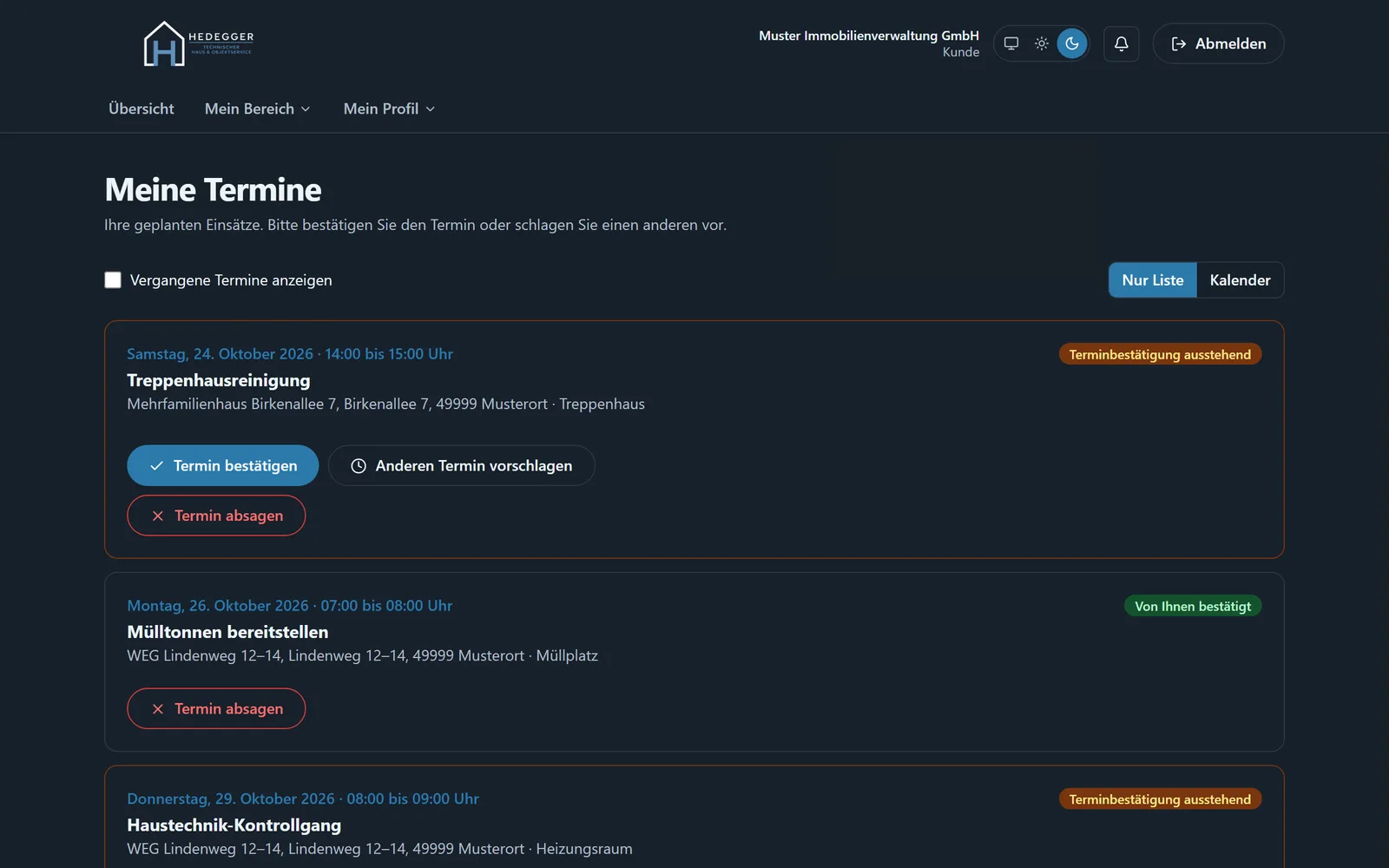 Termine im Kundenportal mit Bestätigen, Verschiebung und Live-Stand