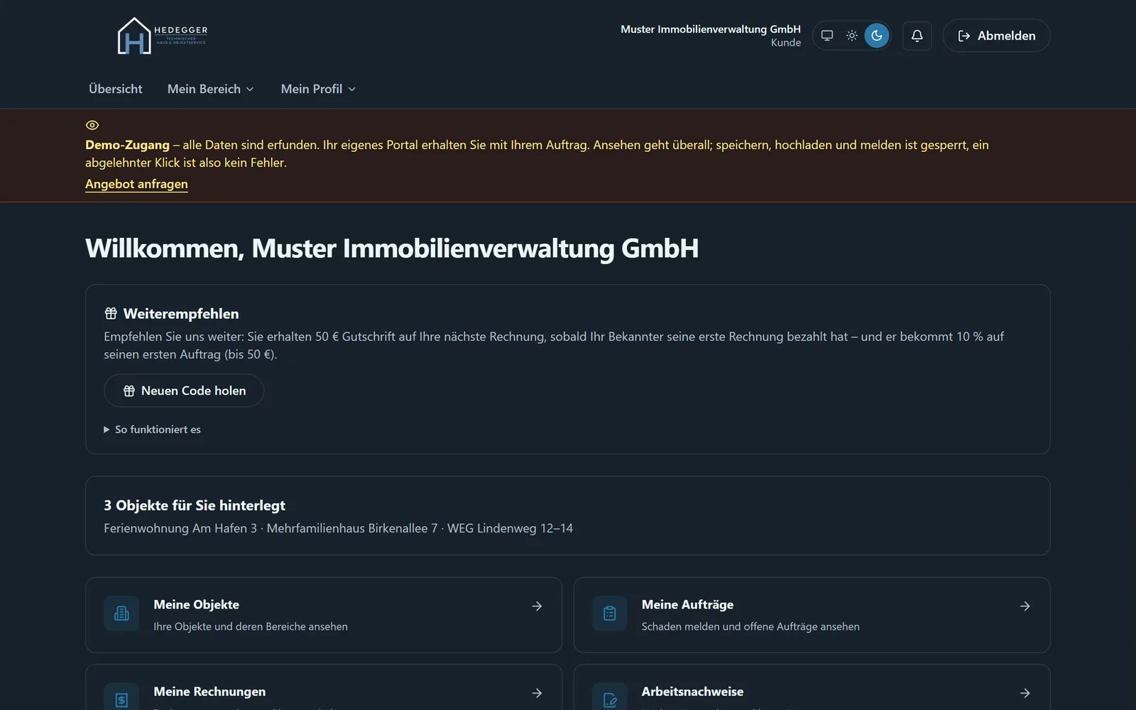 Übersicht im Hedegger-Kundenportal mit Objekten, Aufträgen und nächsten Terminen