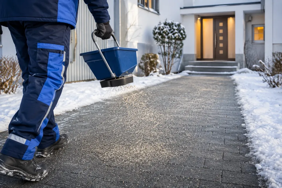 Streuen eines Gehwegs mit Streuwagen vor einem Hauseingang