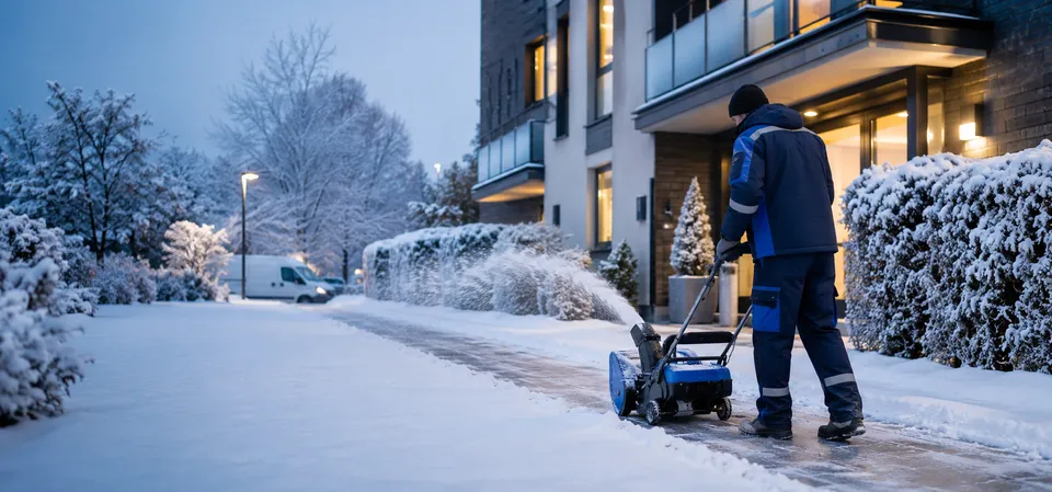 Winterdienst-Mitarbeiter räumt verschneiten Gehweg vor einem Wohngebäude